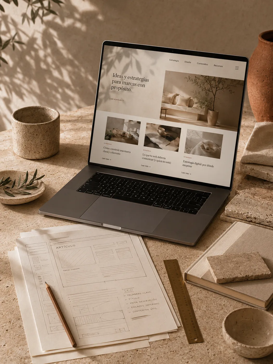 Estrategia de contenidos SEO y arquitectura web sobre una mesa de trabajo editorial