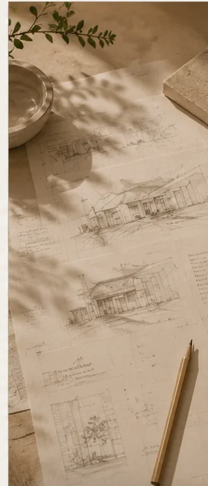 Bocetos y dibujos de un proyecto de arquitectura