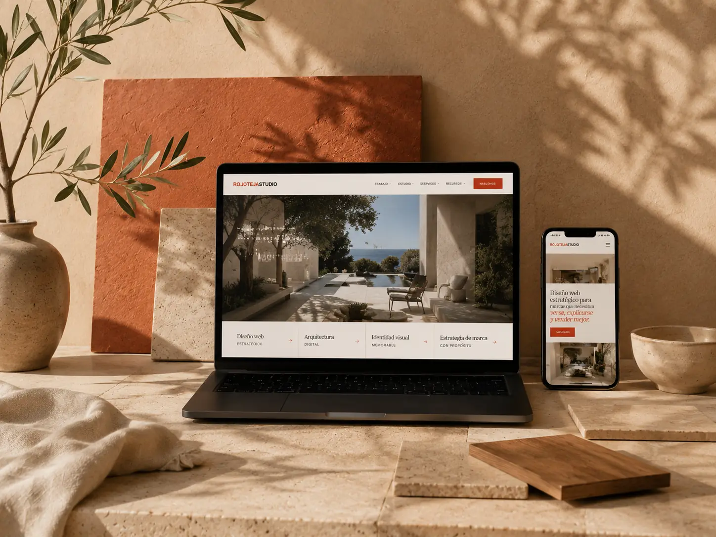 Mockup editorial de diseño web estratégico en portátil y móvil creado por Rojoteja Studio