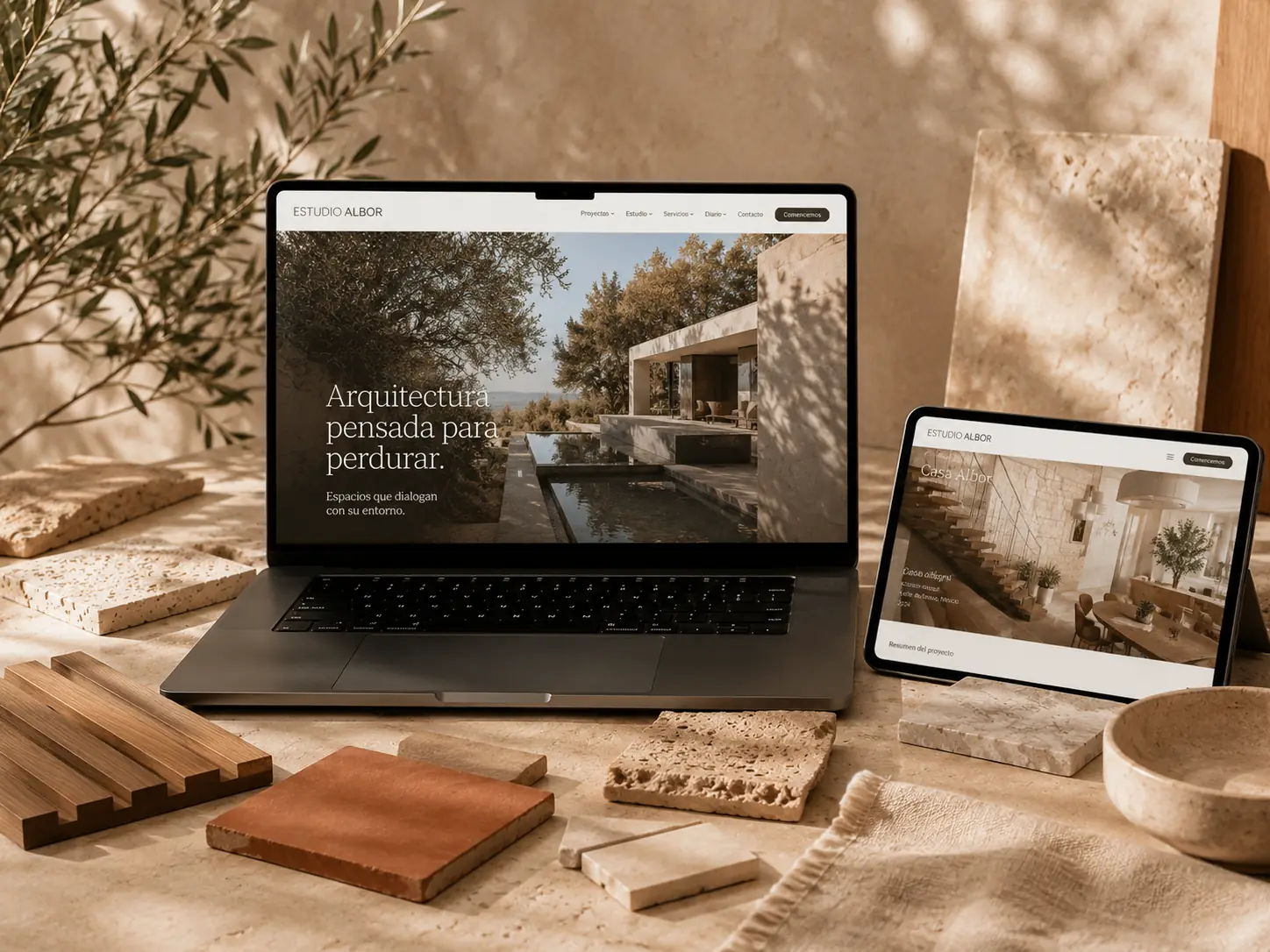 Diseño web para Estudio Albor mostrado en portátil y tablet con materiales mediterráneos