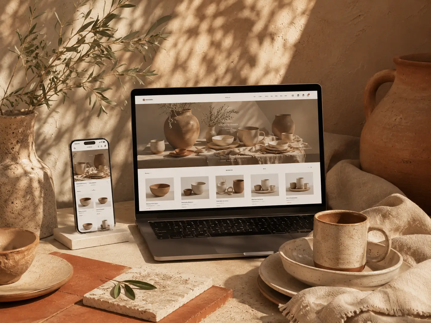 Tienda online de cerámica artesanal mostrada en portátil y móvil