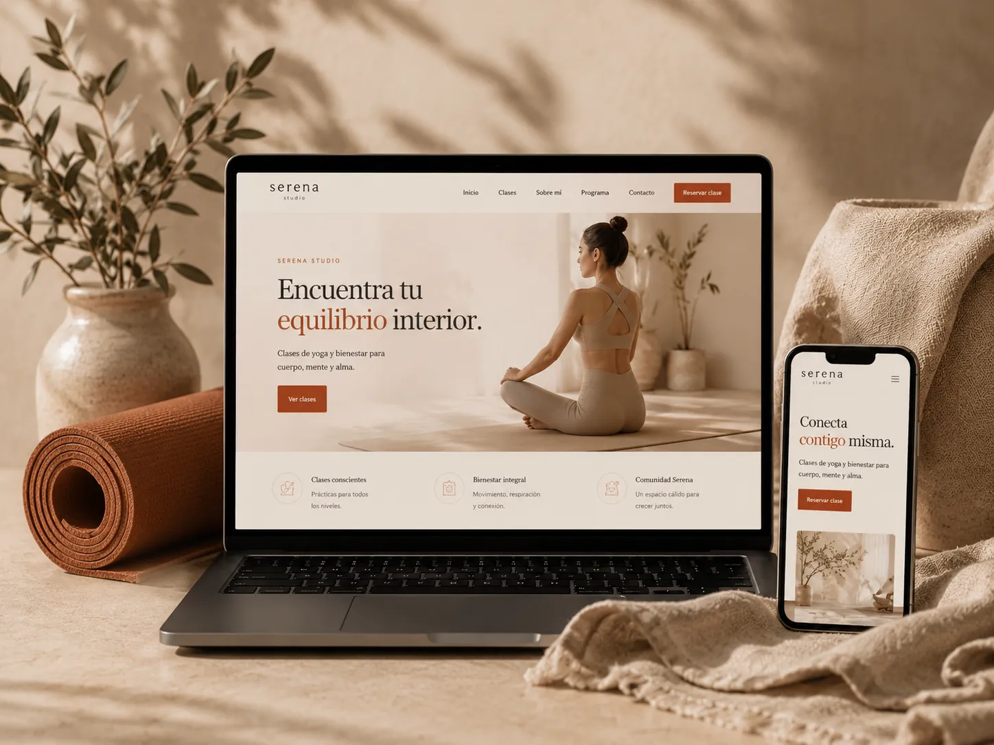 Diseño web para Serena Studio de yoga y bienestar mostrado en portátil y móvil