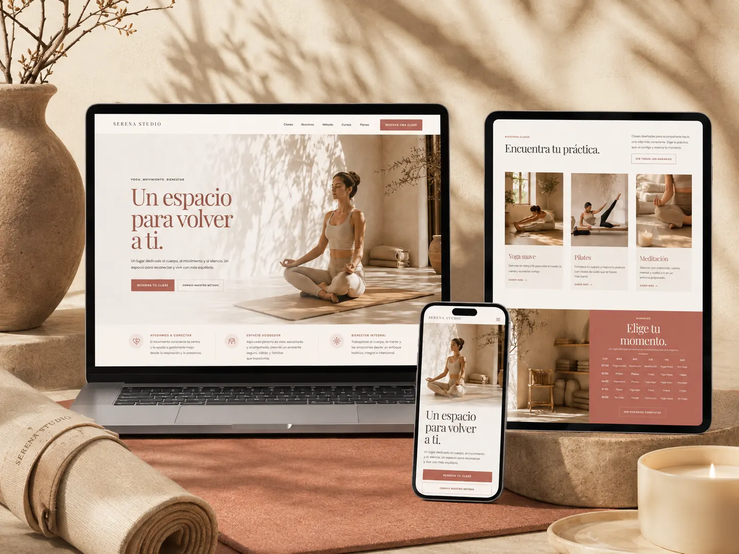 Mockup responsive del proyecto de diseño web para Serena Studio, yoga y bienestar