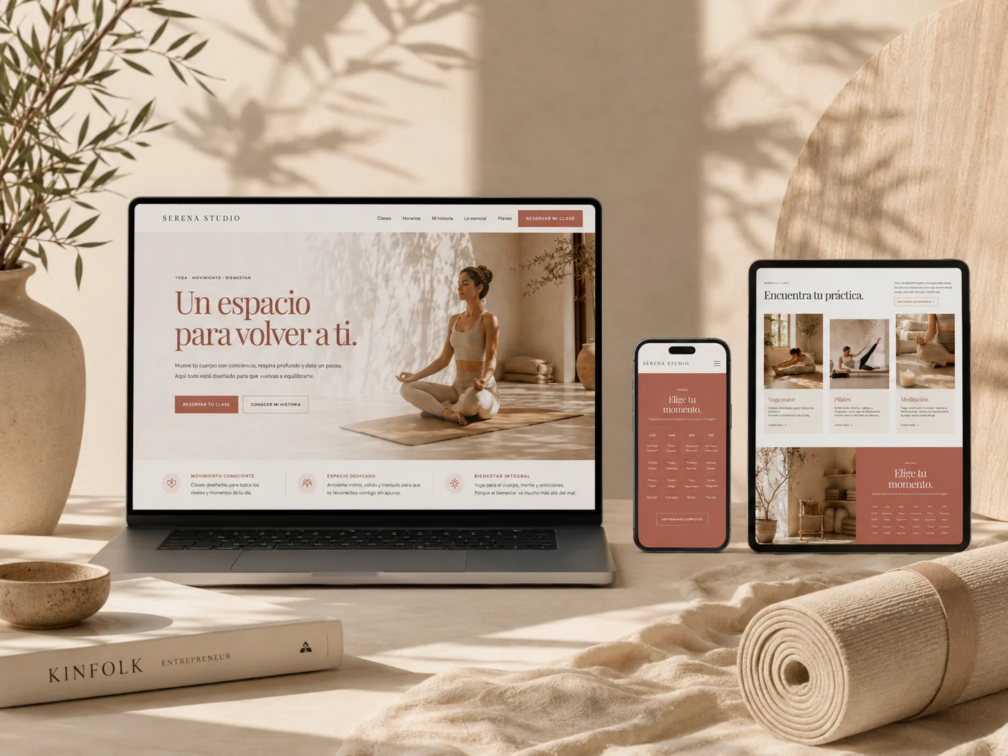 Mockup responsive del proyecto de diseño web para Serena Studio, yoga y bienestar