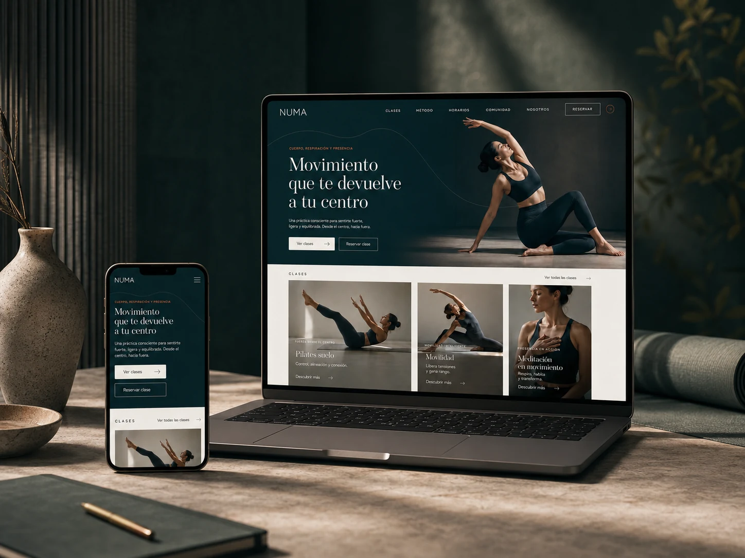 Mockup responsive del proyecto de diseño web para NUMA, estudio boutique de pilates y movimiento consciente